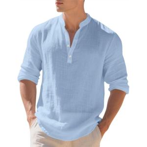 Mens Linen Henley Shirts Casual Long Sleeve Hippie Yoga Tops Lightweight Summer Beach T-Shirt(Sky Blue)
