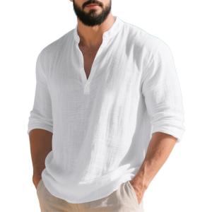 Mens Linen Henley Shirts Casual Long Sleeve Hippie Yoga Tops Lightweight Summer Beach T-Shirt(White)