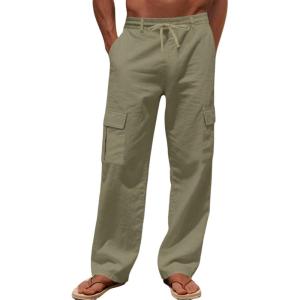 Men’s Linen Pants Casual Cargo Pants Elastic Drawstring Waist Straight-Legs Summer Yoga Beach Long Pants with Pockets(Army Green)