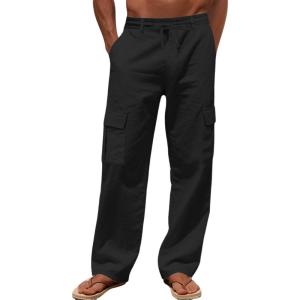 Men’s Linen Pants Casual Cargo Pants Elastic Drawstring Waist Straight-Legs Summer Yoga Beach Long Pants with Pockets(Black)