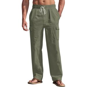 Men’s Linen Pants Casual Cargo Pants with Pockets Lightweight Elastic Waist Drawstring Pants Baggy Beach Pants(Army Green)