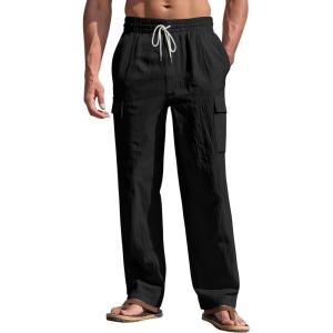 Men’s Linen Pants Casual Cargo Pants with Pockets Lightweight Elastic Waist Drawstring Pants Baggy Beach Pants(Black)