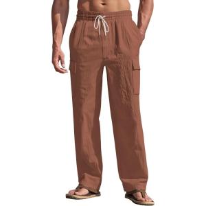 Men’s Linen Pants Casual Cargo Pants with Pockets Lightweight Elastic Waist Drawstring Pants Baggy Beach Pants(Brown)