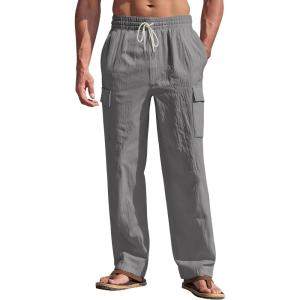 Men’s Linen Pants Casual Cargo Pants with Pockets Lightweight Elastic Waist Drawstring Pants Baggy Beach Pants(Grey)