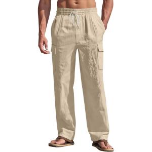 Men’s Linen Pants Casual Cargo Pants with Pockets Lightweight Elastic Waist Drawstring Pants Baggy Beach Pants(Khaki)