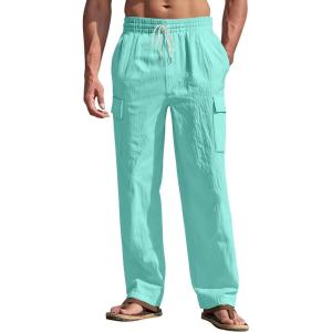 Men’s Linen Pants Casual Cargo Pants with Pockets Lightweight Elastic Waist Drawstring Pants Baggy Beach Pants(Lake Blue)