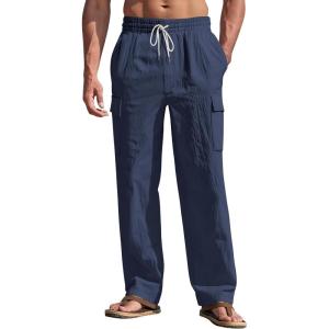 Men’s Linen Pants Casual Cargo Pants with Pockets Lightweight Elastic Waist Drawstring Pants Baggy Beach Pants(Navy)