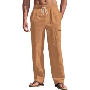 Men’s Linen Pants Casual Cargo Pants with Pockets Lightweight Elastic Waist Drawstring Pants Baggy Beach Pants(Terrestrial Yellow)