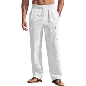 Men’s Linen Pants Casual Cargo Pants with Pockets Lightweight Elastic Waist Drawstring Pants Baggy Beach Pants(White)