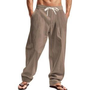 Mens Linen Pants Casual Summer Beach Pants Elastic Waist Drawstring Lightweight Vacation Trousers with Pockets(Coffee)