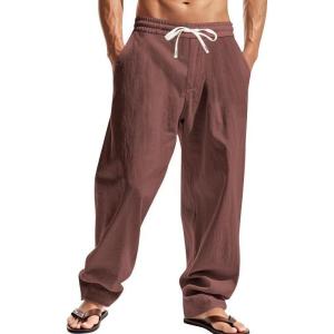 Mens Linen Pants Casual Summer Beach Pants Elastic Waist Drawstring Lightweight Vacation Trousers with Pockets(Dark Brown)