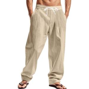 Mens Linen Pants Casual Summer Beach Pants Elastic Waist Drawstring Lightweight Vacation Trousers with Pockets(Khaki)