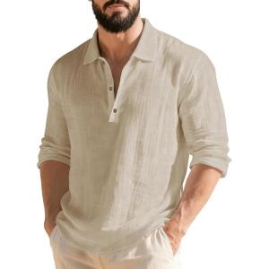 Men’s Linen Polo Shirts Long Sleeve Yoga Tops Casual Summer Hippie Beach T-Shirts(Kahaki)