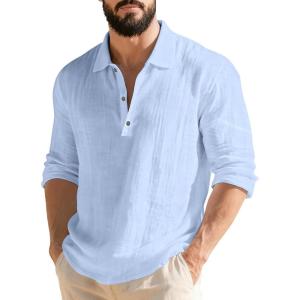 Men’s Linen Polo Shirts Long Sleeve Yoga Tops Casual Summer Hippie Beach T-Shirts(Light Blue)