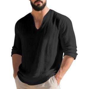 Mens Linen V-Neck Shirts Casual Long Sleeve Hippie Yoga Tops Lightweight Summer Beach Shirt(Black)