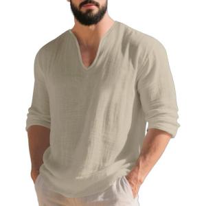 Mens Linen V-Neck Shirts Casual Long Sleeve Hippie Yoga Tops Lightweight Summer Beach Shirt(Khaki)
