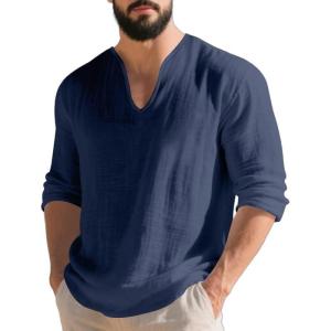 Mens Linen V-Neck Shirts Casual Long Sleeve Hippie Yoga Tops Lightweight Summer Beach Shirt(Navy)