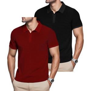 Mens Polo Shirts 2 Pack Breathable Short Sleeve Golf Shirt Casual Button Down Shirt Lightweight Collared Waffle Shirts(Black+wine Red)