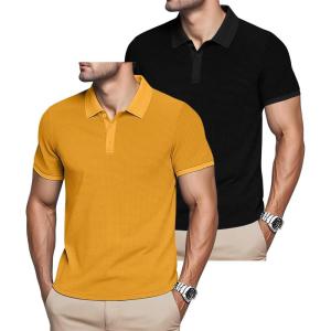 Mens Polo Shirts 2 Pack Breathable Short Sleeve Golf Shirt Casual Button Down Shirt Lightweight Collared Waffle Shirts(Black+yellow)