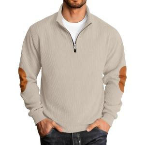 Men’s Quarter Zipper Pullover Corduroy Sweatshirts Casual Stand Collar Long Sleeve Knit Top Outdoor Sweater(Apricot)