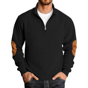 Men’s Quarter Zipper Pullover Corduroy Sweatshirts Casual Stand Collar Long Sleeve Knit Top Outdoor Sweater(Black)