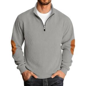 Men’s Quarter Zipper Pullover Corduroy Sweatshirts Casual Stand Collar Long Sleeve Knit Top Outdoor Sweater(Grey)