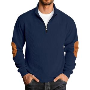 Men’s Quarter Zipper Pullover Corduroy Sweatshirts Casual Stand Collar Long Sleeve Knit Top Outdoor Sweater(Navy)