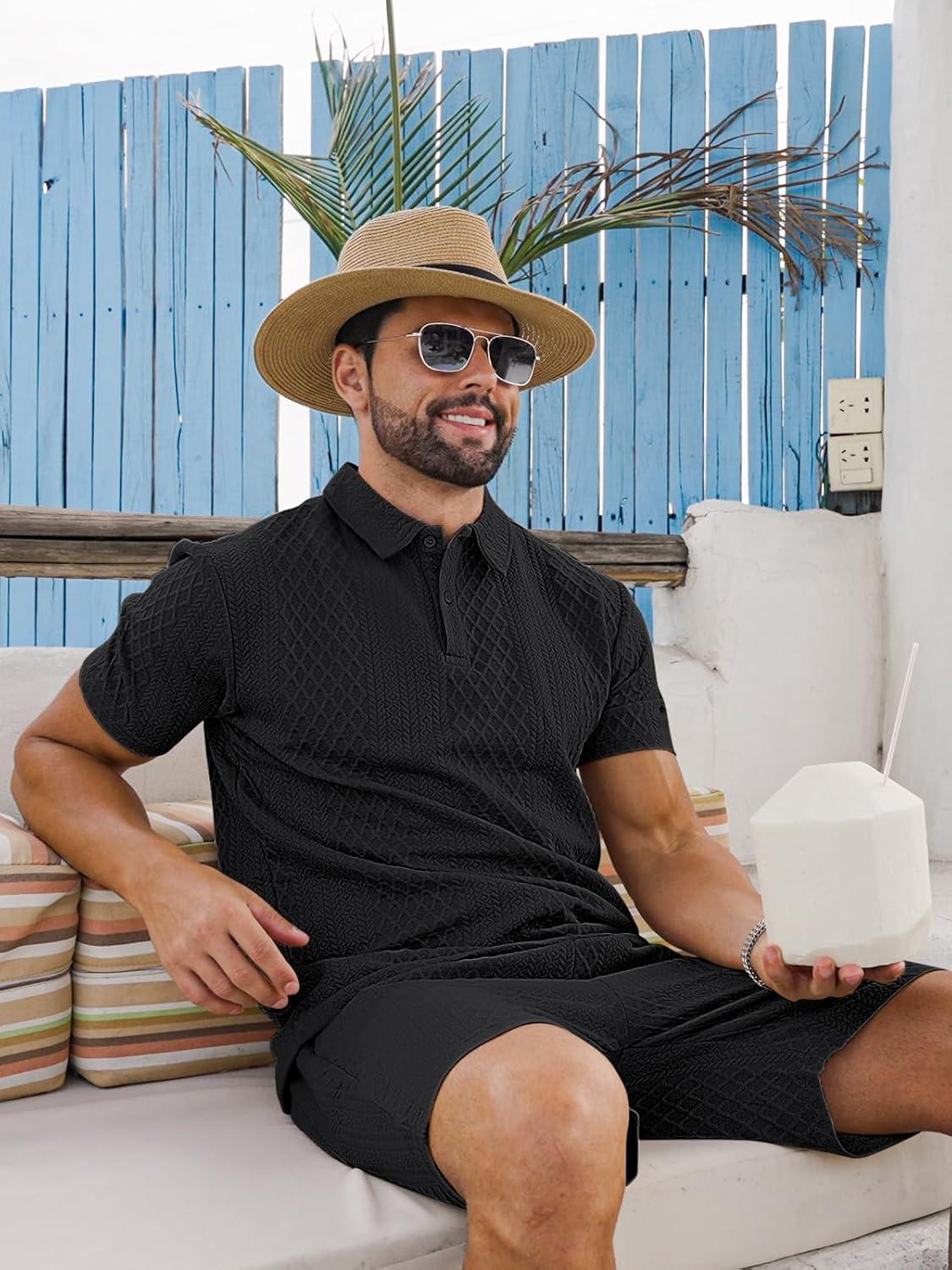 imageMens 2 Piece Outfits Polo Shirt and Shorts Set Short Sleeve Tracksuits Casual Athletic Jogging Summer OutfitsBlack