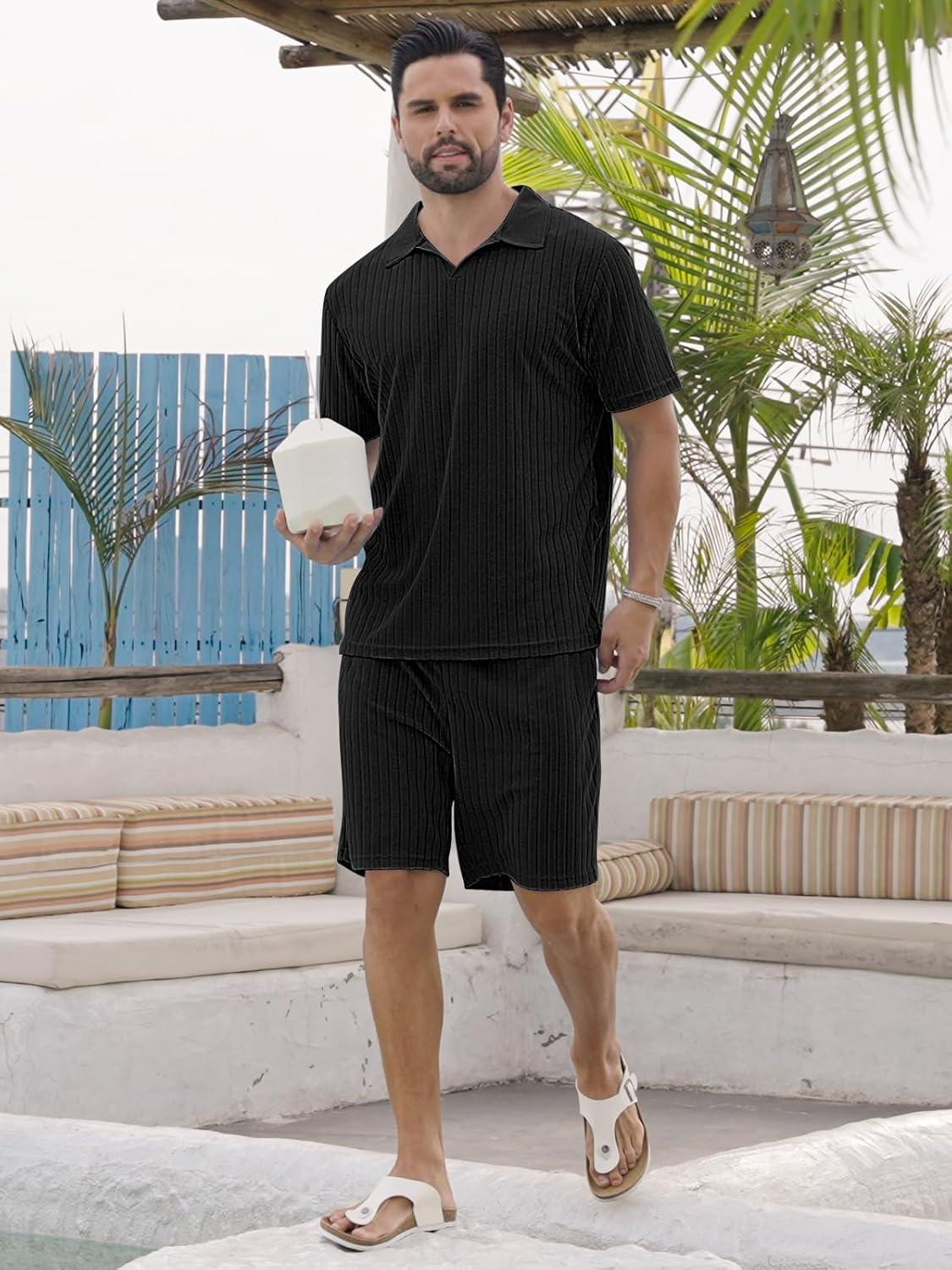 imageMens 2 Piece Outfits Polo Shirt and Shorts Set Short Sleeve Tracksuits Casual Athletic Jogging Summer OutfitsBlack1