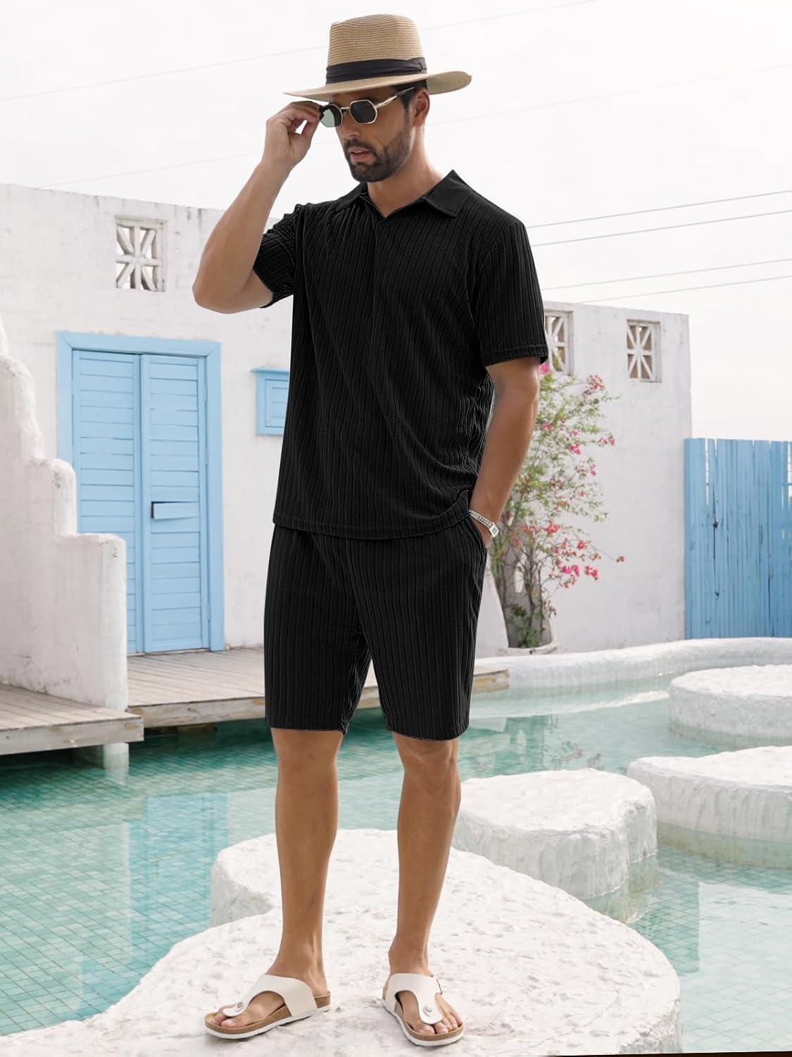 imageMens 2 Piece Outfits Polo Shirt and Shorts Set Short Sleeve Tracksuits Casual Athletic Jogging Summer OutfitsBlack1