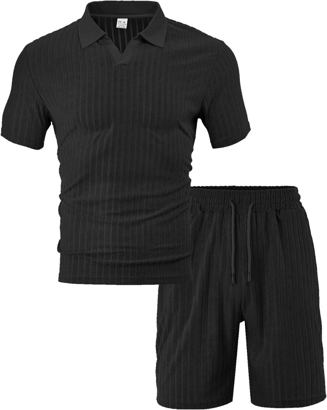 imageMens 2 Piece Outfits Polo Shirt and Shorts Set Short Sleeve Tracksuits Casual Athletic Jogging Summer OutfitsBlack1