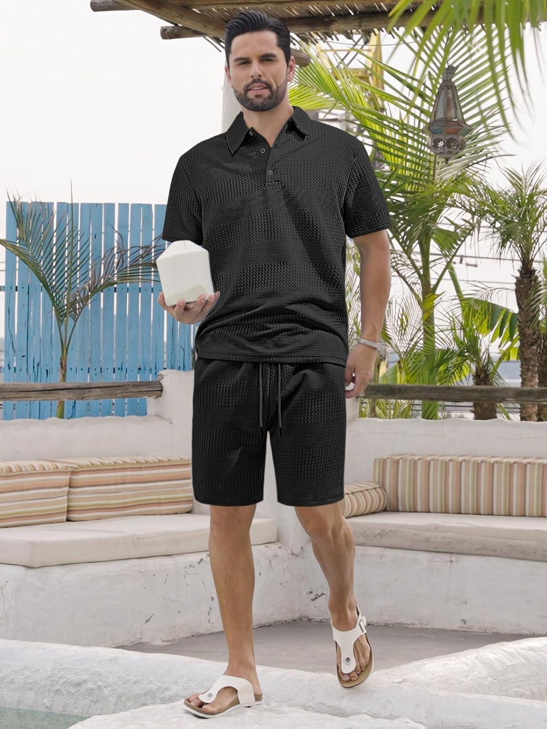 imageMens 2 Piece Outfits Polo Shirt and Shorts Set Short Sleeve Tracksuits Casual Athletic Jogging Summer OutfitsBlack2