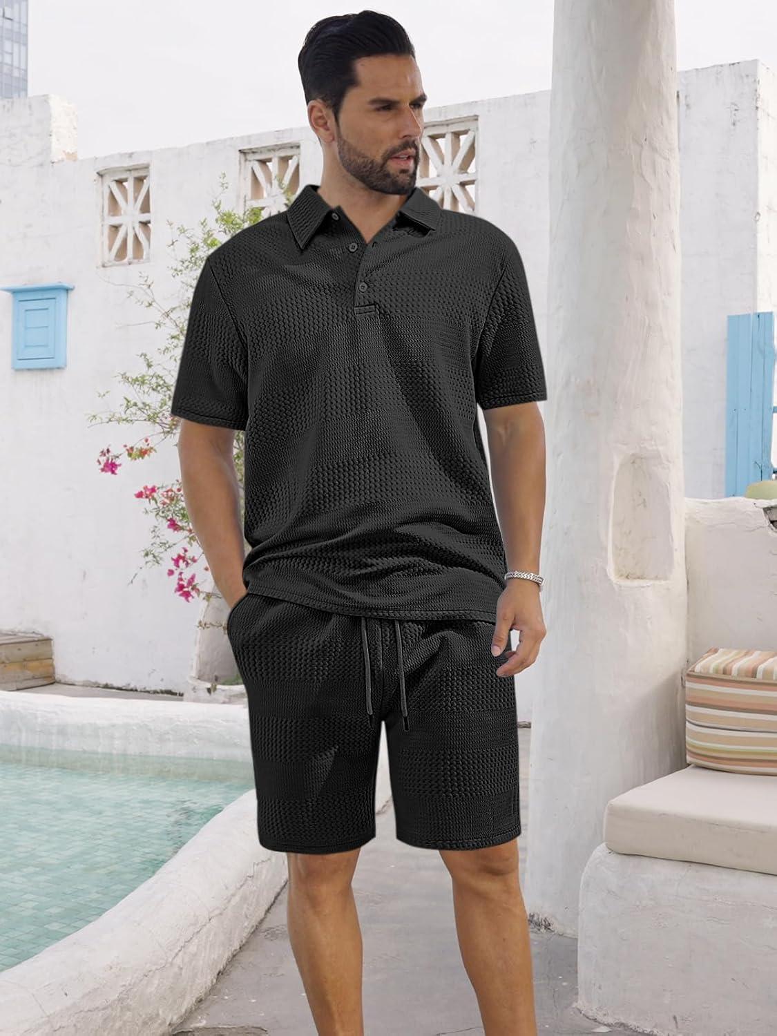 imageMens 2 Piece Outfits Polo Shirt and Shorts Set Short Sleeve Tracksuits Casual Athletic Jogging Summer OutfitsBlack2