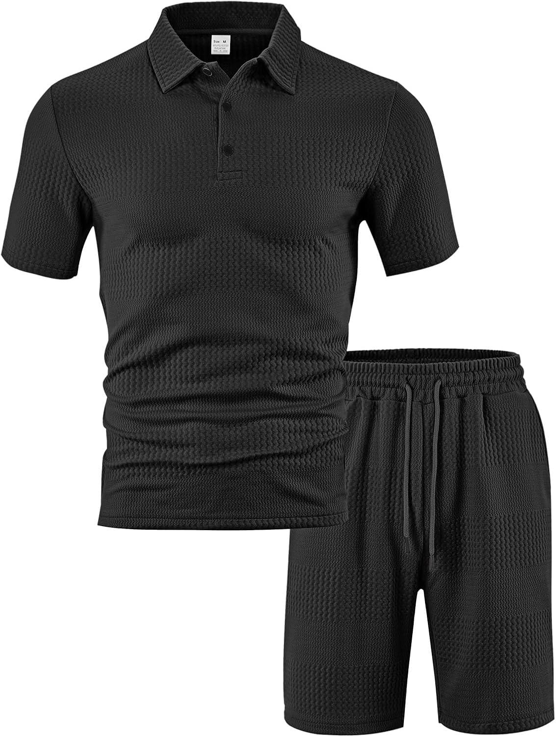 imageMens 2 Piece Outfits Polo Shirt and Shorts Set Short Sleeve Tracksuits Casual Athletic Jogging Summer OutfitsBlack2