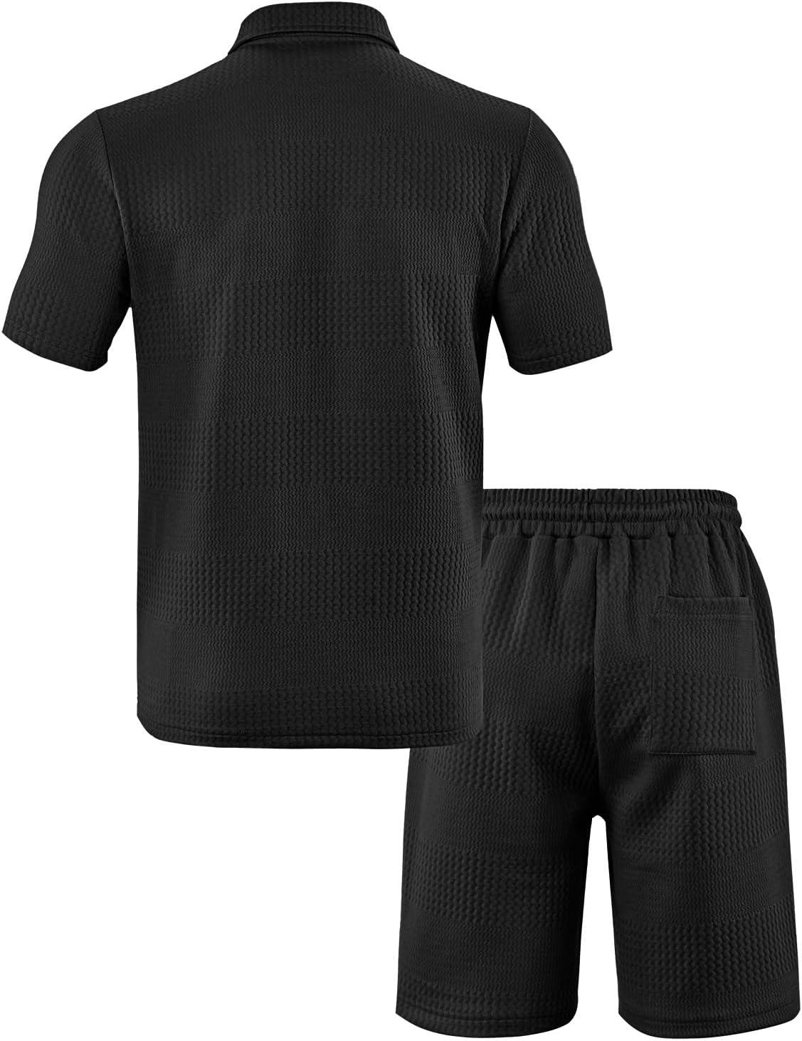 imageMens 2 Piece Outfits Polo Shirt and Shorts Set Short Sleeve Tracksuits Casual Athletic Jogging Summer OutfitsBlack2