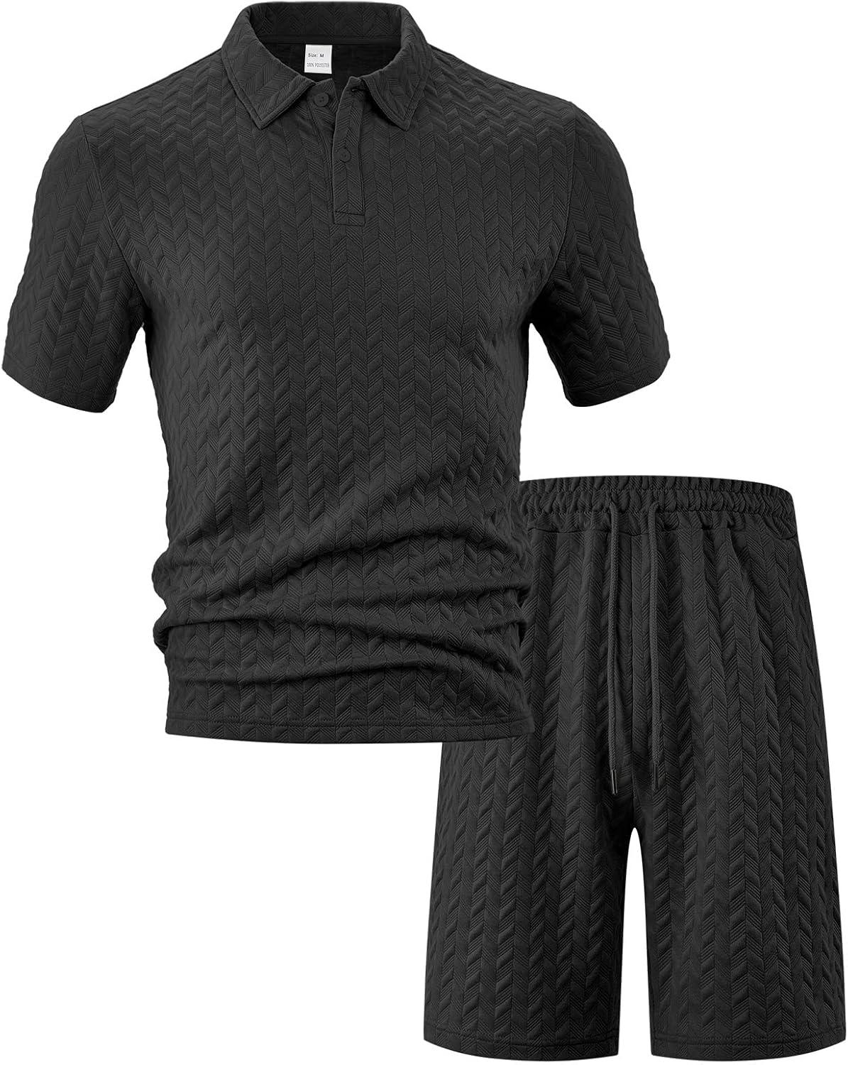 imageMens 2 Piece Outfits Polo Shirt and Shorts Set Short Sleeve Tracksuits Casual Athletic Jogging Summer OutfitsBlack3