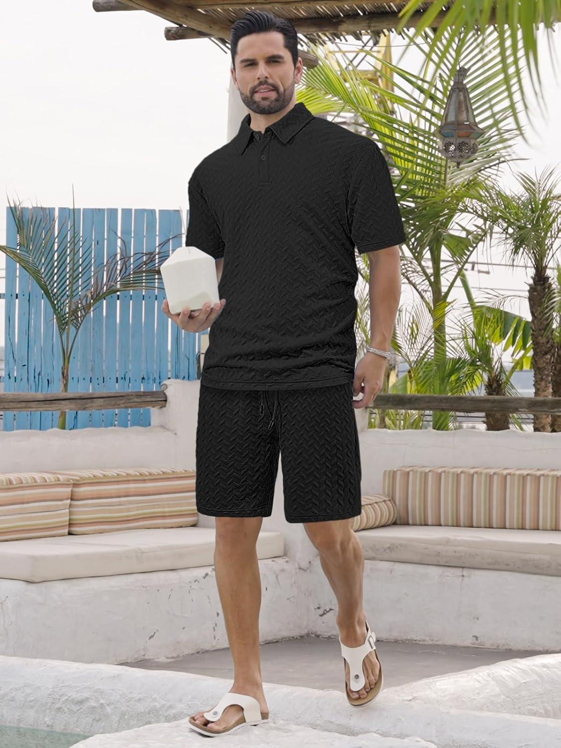 imageMens 2 Piece Outfits Polo Shirt and Shorts Set Short Sleeve Tracksuits Casual Athletic Jogging Summer OutfitsBlack3