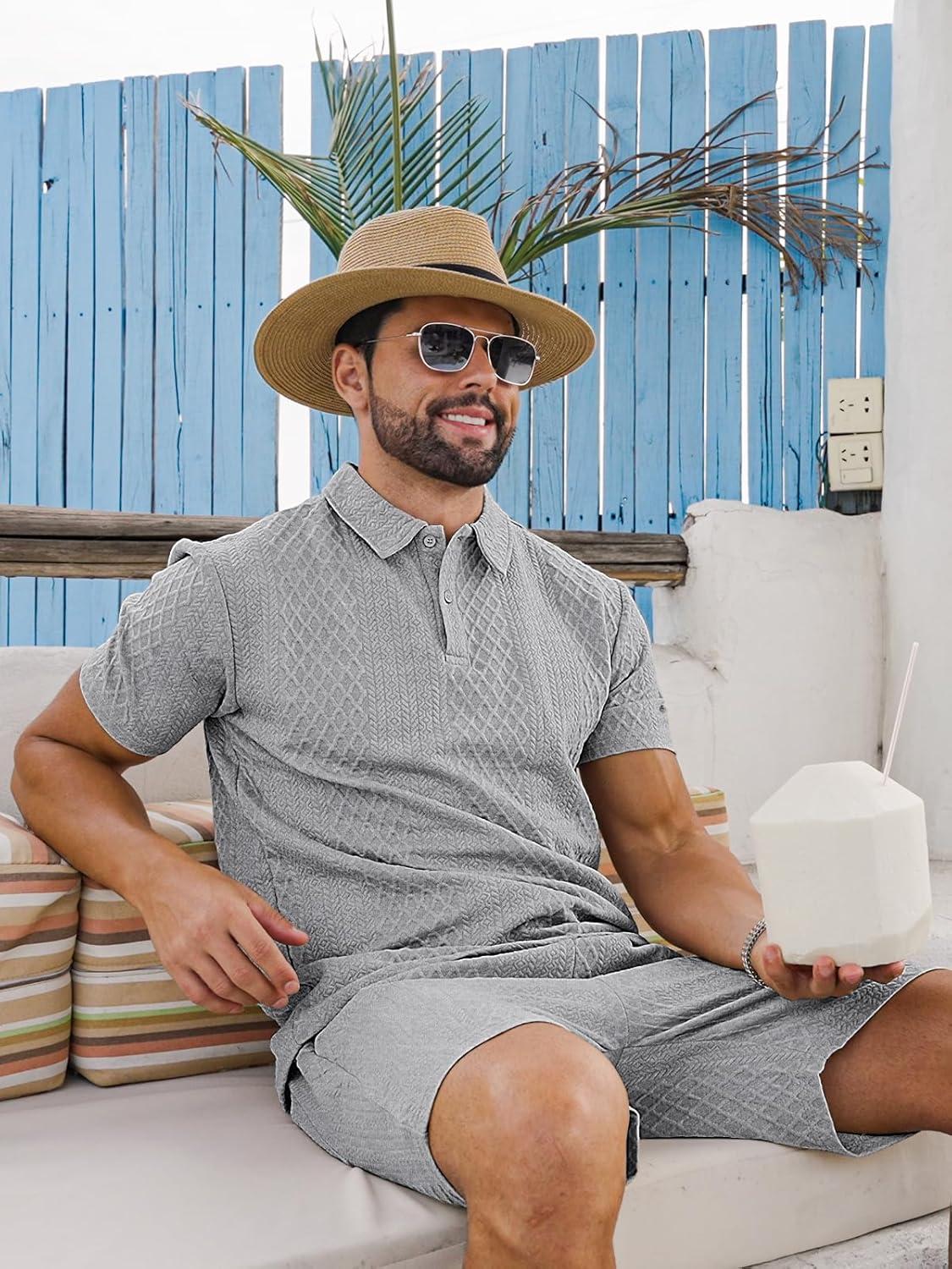 imageMens 2 Piece Outfits Polo Shirt and Shorts Set Short Sleeve Tracksuits Casual Athletic Jogging Summer OutfitsGrey