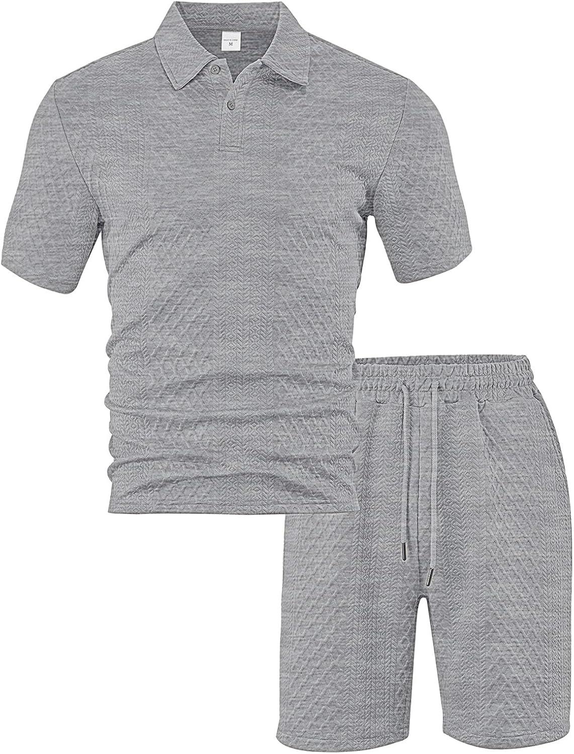 imageMens 2 Piece Outfits Polo Shirt and Shorts Set Short Sleeve Tracksuits Casual Athletic Jogging Summer OutfitsGrey