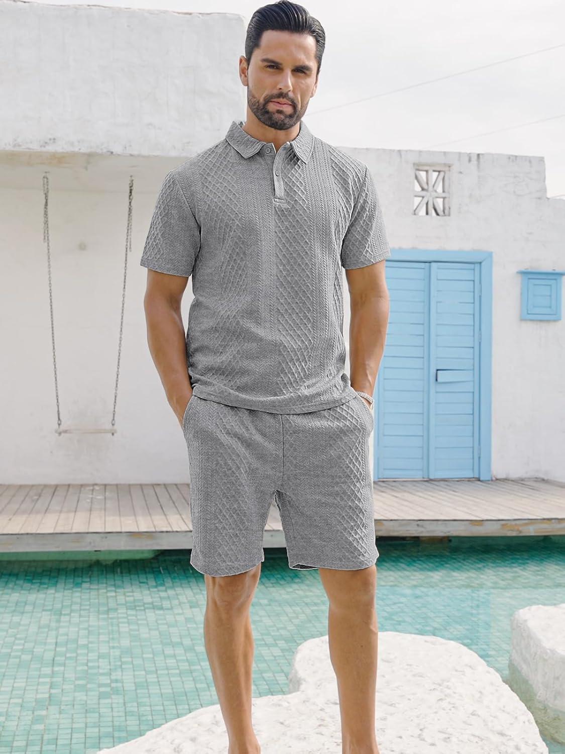 imageMens 2 Piece Outfits Polo Shirt and Shorts Set Short Sleeve Tracksuits Casual Athletic Jogging Summer OutfitsGrey