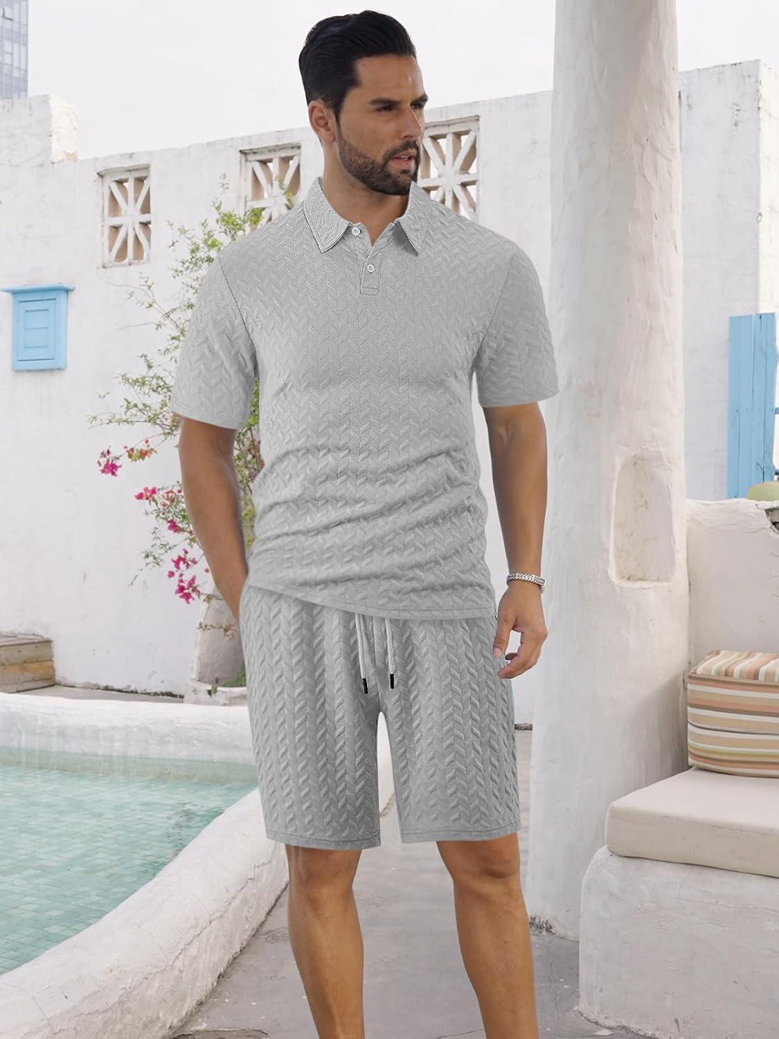 imageMens 2 Piece Outfits Polo Shirt and Shorts Set Short Sleeve Tracksuits Casual Athletic Jogging Summer OutfitsGrey1