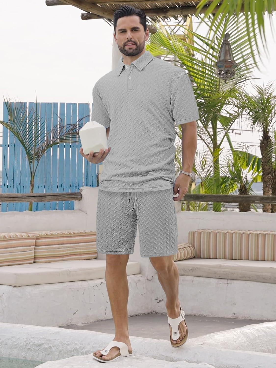 imageMens 2 Piece Outfits Polo Shirt and Shorts Set Short Sleeve Tracksuits Casual Athletic Jogging Summer OutfitsGrey1