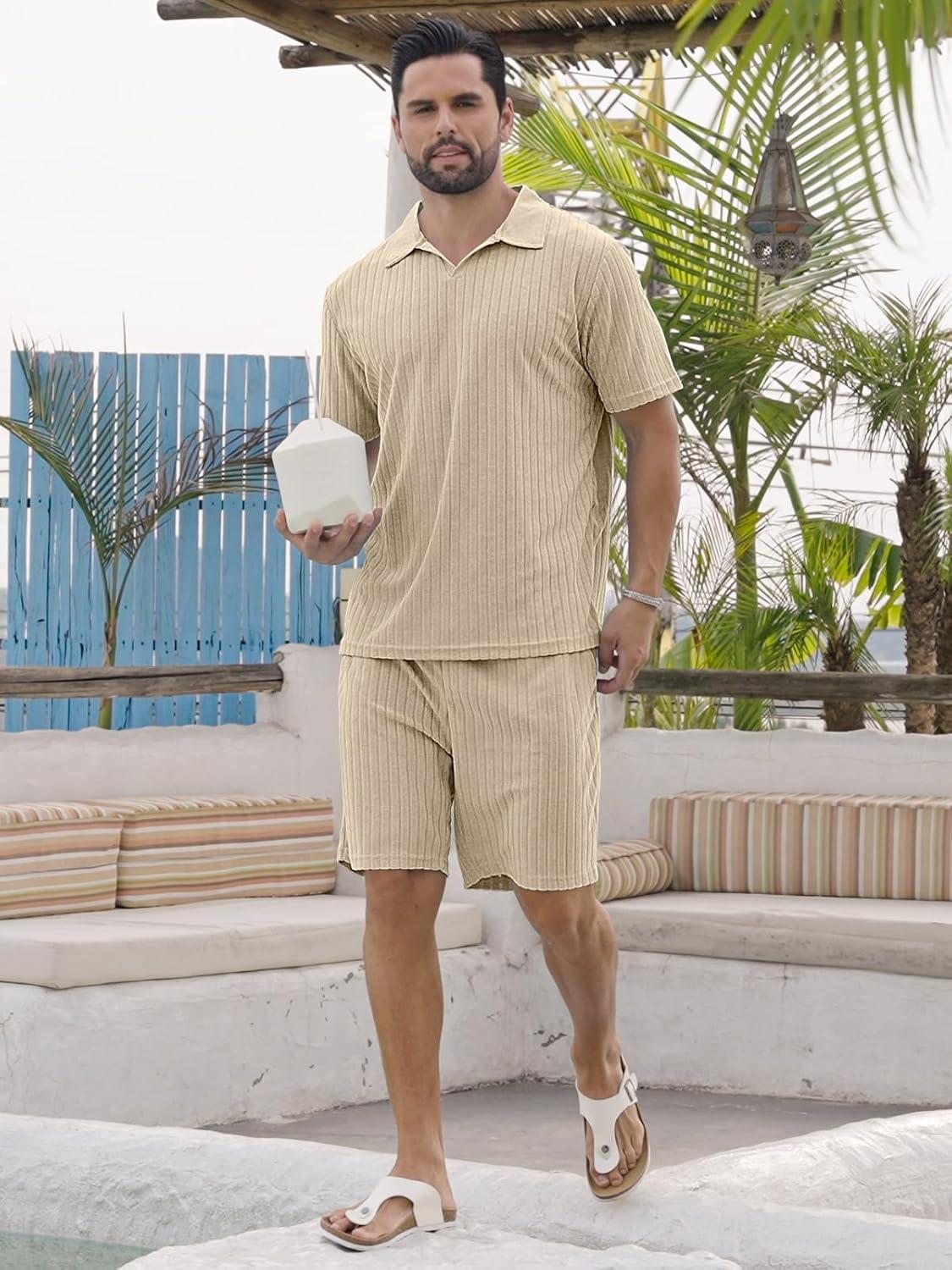 imageMens 2 Piece Outfits Polo Shirt and Shorts Set Short Sleeve Tracksuits Casual Athletic Jogging Summer OutfitsKhaki1