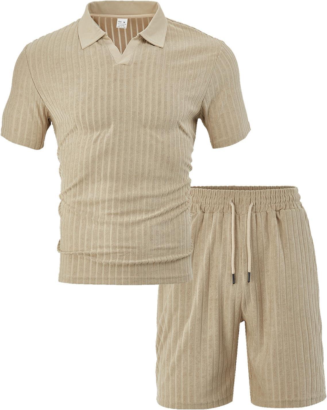 imageMens 2 Piece Outfits Polo Shirt and Shorts Set Short Sleeve Tracksuits Casual Athletic Jogging Summer OutfitsKhaki1