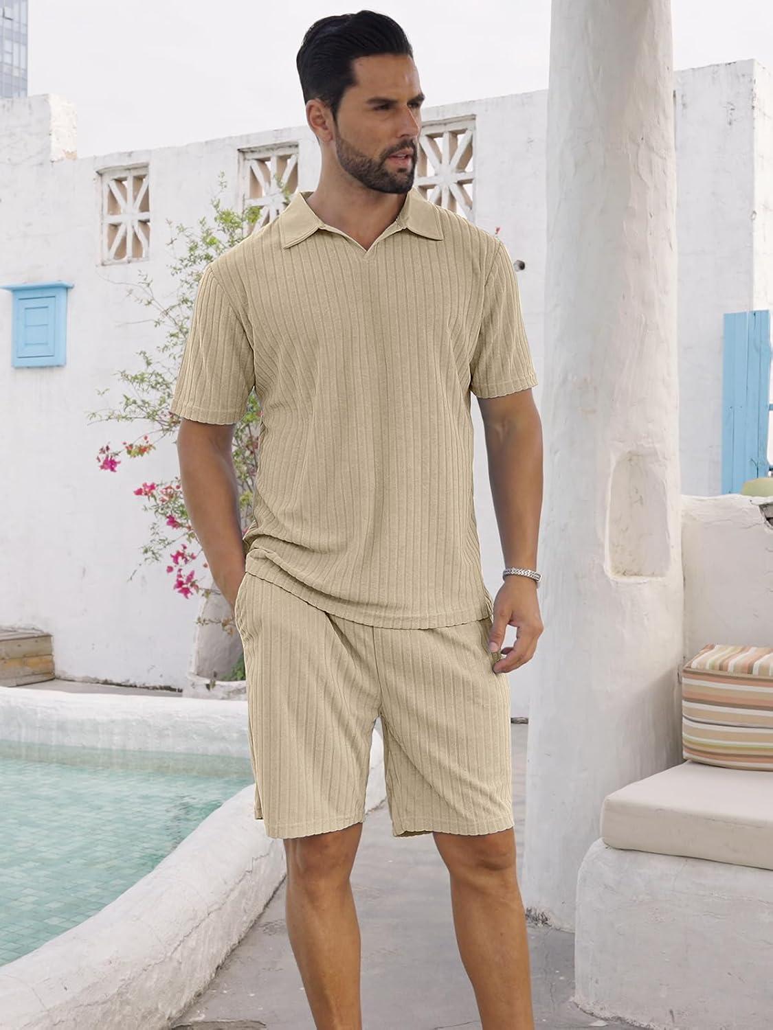 imageMens 2 Piece Outfits Polo Shirt and Shorts Set Short Sleeve Tracksuits Casual Athletic Jogging Summer OutfitsKhaki1