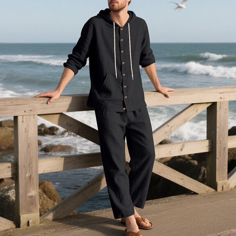 imageMens 2 Pieces Cotton Linen Set Casual Long Sleeve Henley Shirts Beach Yoga Pants Summer OutfitsBlack