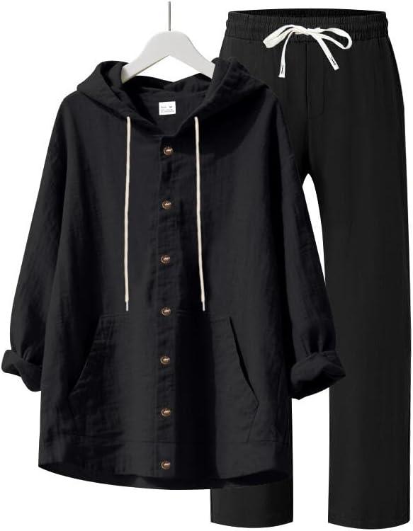 imageMens 2 Pieces Cotton Linen Set Casual Long Sleeve Henley Shirts Beach Yoga Pants Summer OutfitsBlack