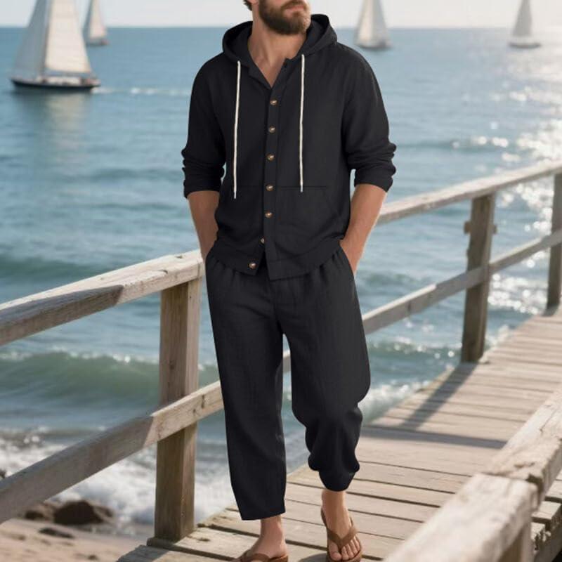 imageMens 2 Pieces Cotton Linen Set Casual Long Sleeve Henley Shirts Beach Yoga Pants Summer OutfitsBlack