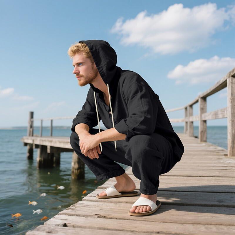 imageMens 2 Pieces Cotton Linen Set Casual Long Sleeve Henley Shirts Beach Yoga Pants Summer OutfitsBlack