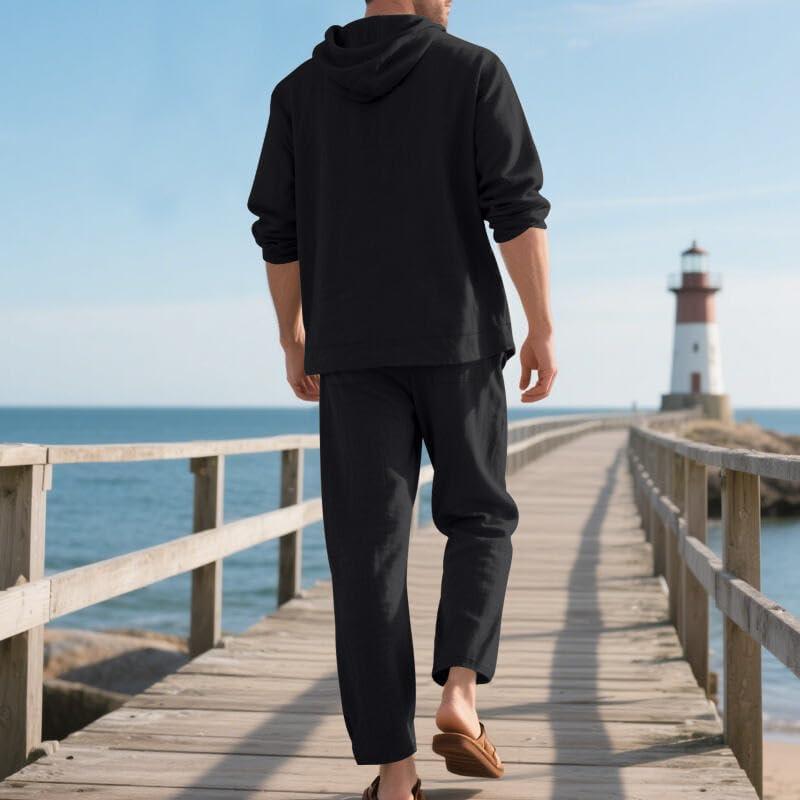 imageMens 2 Pieces Cotton Linen Set Casual Long Sleeve Henley Shirts Beach Yoga Pants Summer OutfitsBlack
